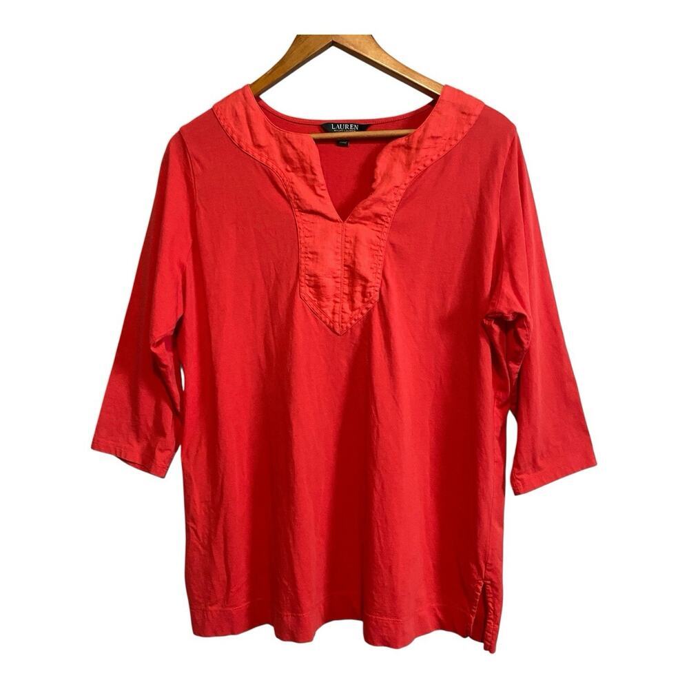 Lauren Ralph Women’s 3/4 Sleeves Red Cotton Shirt 1X Pullover Tunic Casual Top